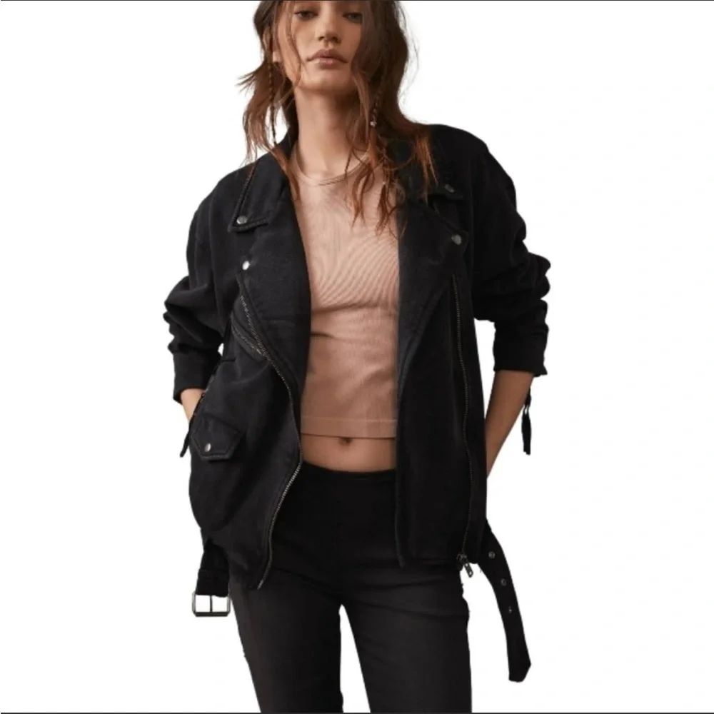 FREE PEOPLE Denim Moto Jacket in Black Rebel Rebel Knit Moto Jacket in Black NWT - Picture 8 of 10